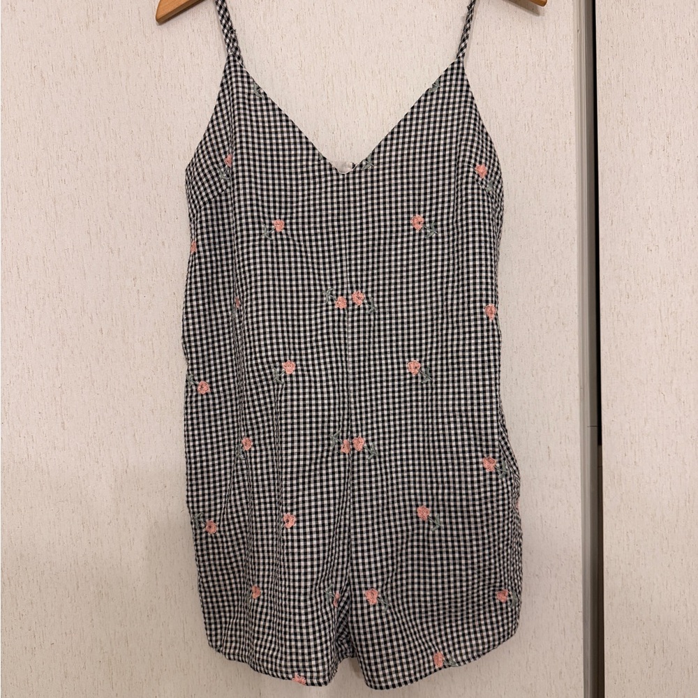 re:named Black and White Checkered Romper with Pink Floral Details